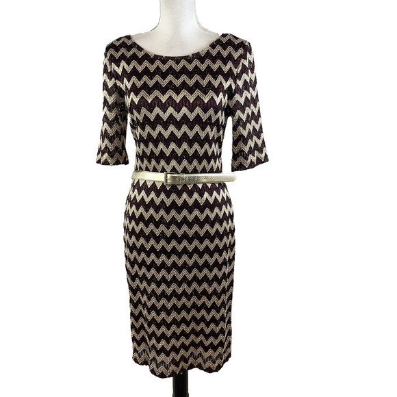 Connect Apparel Dress size 8 Wine Gold Lace Chevron Straight Stretch Knee Belted - Picture 1 of 8